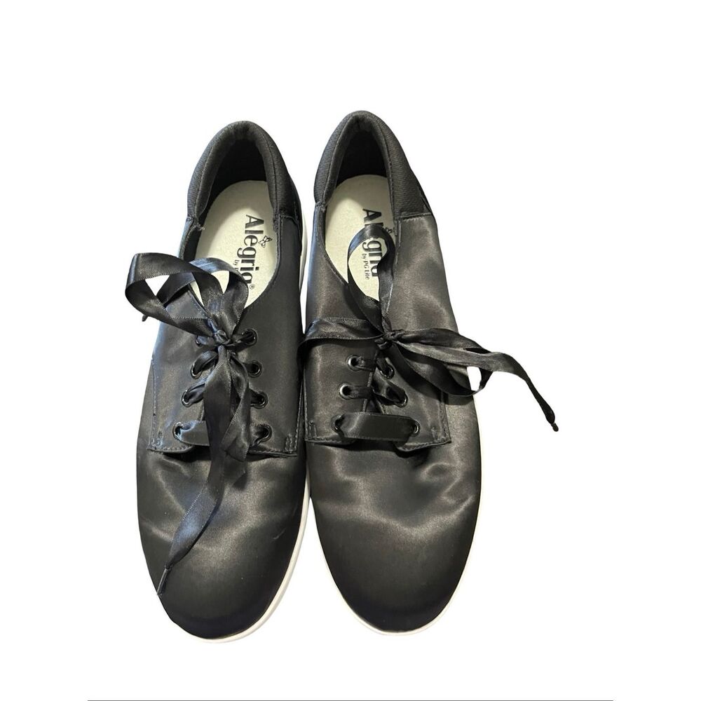 Alegria Womens Black Satin Slip Resistant Lace Up Poly Fashion Sneakers Size 40